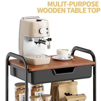 TOOLF 3-Tier Utility Rolling Cart with Wooden Board and Drawer, Metal Storage Cart with Handle, Black Trolley Kitchen Organizer Rolling Desk with Locking Wheels for Office, Classroom, Home, Bedroom - color: Black