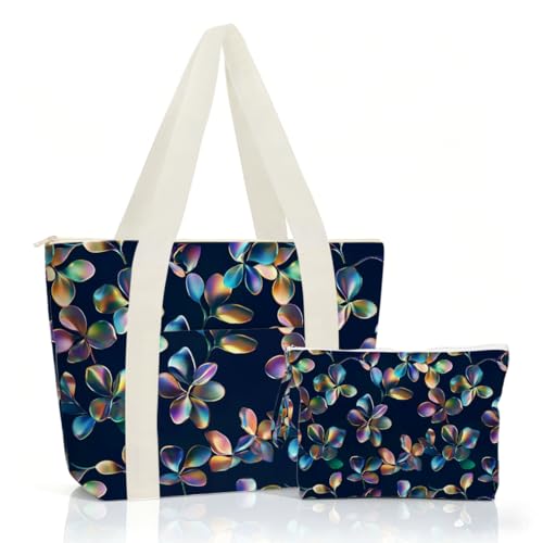 IAXIC Waterproof Tote Bag and Wet Bag Set, Summer Pattern Design for Beach Travel Gym Holiday Gifting - color: Dark Blue Tropical Leaf
