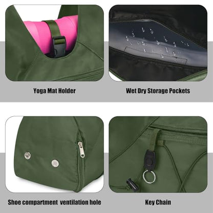 Forestfish Gym Bag For Women With Yoga Mat Holder, Army Green | Shoe Compartment, Wet Dry Storage Pocket, Removable Shoulder Strap, Lightweight & Water Resistant - color: Army Green