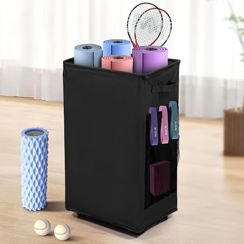 Yoga Mat Storage Racks, Home Gym Storage Rack with Wheels, Yoga Mat Holder Side 2 Mesh Pockets, Yoga Storage Basket Holds 4 Yoga Mats, 2 Foam Rollers, 6 Resistance Bands - color: Black