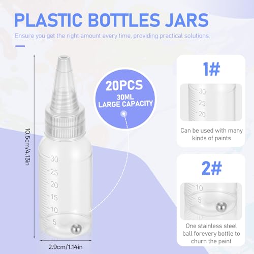 20Pcs Airbrush Paint Bottle Jar 1oz/30ml Plastic Paint Container,with Ball | Resealable Small Squeeze Bottles, for Arts Crafts