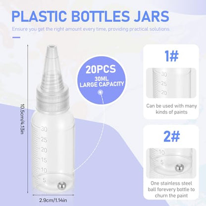 20Pcs Airbrush Paint Bottle Jar 1oz/30ml Plastic Paint Container,with Ball | Resealable Small Squeeze Bottles, for Arts Crafts