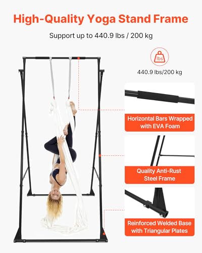 VEVOR Yoga Stand Frame, Max 440.9 lbs Load Swing Stand, Triangular Structure Aerial Rig, Aerial Silk Stands with EVA Foam & 6.6-Yard Yoga Hammock, 4-Level Horizontal & 6-Level Vertical Adjustment