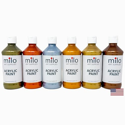 milo Metallic Acrylic Paint Set, 6 Metallic Colors, 8 oz Bottles | Safe and AP Non-Toxic, Made in the USA, Arts & Crafts Paints for Artists, Student & Hobby Painters, Paint Pack, Multi-Media - style: Metallic Set 6 x 8 oz