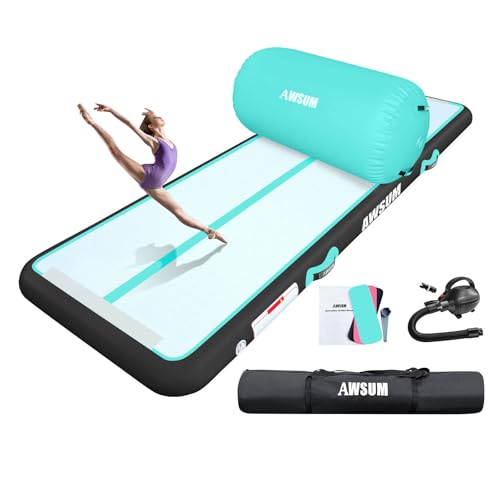 AWSUM Inflatable Gymnastics Mat with Air Roller Barrel Tumbling Equipment - color: Mint Green/Black+Green Roller, size: 10ft*3.3ft*4in&(L)40in*(Diam)23.6"