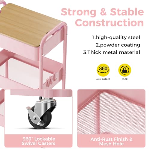 3-Tier Rolling Cart with Table Top, Metal Utility Cart on Wheels | Sturdy Storage Organizer Cart with Lockable Wheels&Hooks for Craft, Office, Classroom, Kitchen and Bathroom, Pink - color: Pink