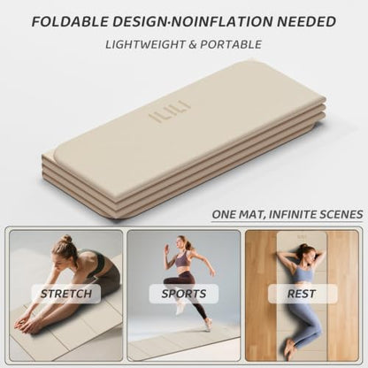 ILILI Foldable Yoga Mat 71 * 24 * 0.3 Inch | Lightweight TPE Non Slip Exercise Mat, Waterproof Portable Fitness Mat for Home Gym, Pilates, Stretching & Daily Workouts - color: Beige