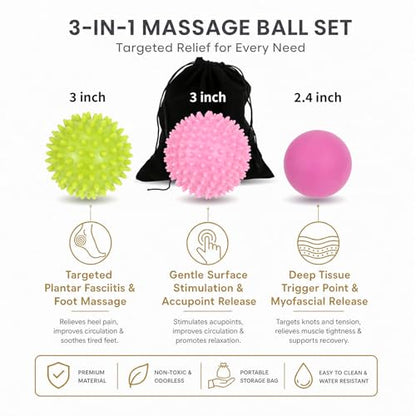 3-Pack Massage Ball Set, Spiky, Smooth for Plantar Fasciitis and Myofascial