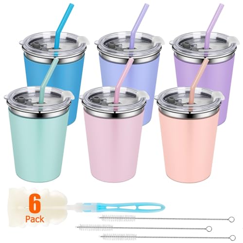 Kids Cups with Straws and Lids Spill Proof for Toddlers and Adults, 6 Pack | 12oz/350ml, BPA Free, Reusable 18/8 Stainless Steel Sippy Cups with 6 Color Silicone Sleeves for Kids - color: 6 Multi Color