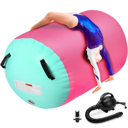 Gymnastics Air Roller Barrel 47 * 35inch PinkGreen with Pump - color: Pink, size: 47*35 Inch/120*90cm