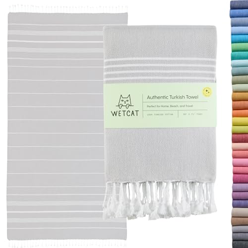 WETCAT Turkish Beach Towel Oversized (38"x71") 100% Turkish Cotton, Made in Turkey - Sand Free, Extra Large, Ultra Soft, Quick Drying, Compact & Lightweight for Travel - Light Grey - color: Light Grey, size: Beach Towel (38" x 71")