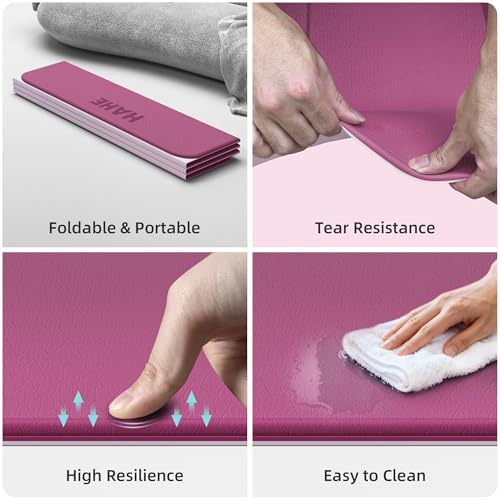 HAHE Extra Wide Folding Exercise Mat 75"x40"x0.4" TPE Fitness Mat | High Density Foldable Yoga Mat, Non-Slip Yoga Mat for Home Gym, Strength Training, Travel, 7-Fold Portable for Women, Men - color: Deep Pink & Light Pink