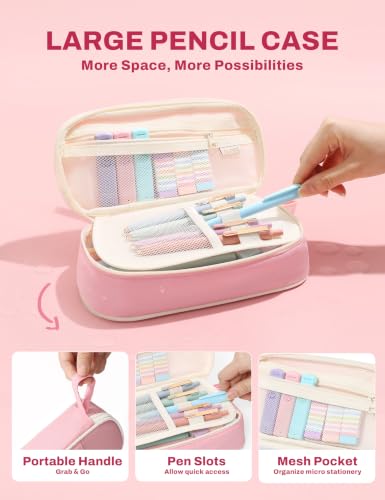SUNEE Pencil Case with Supplies, 54PCS Aesthetic Stationery Set with 8 Pastel Highlighters, 8 Gel Pens Black Ink, 6 Mechanical Pencils, Back to School, College Essentials for Students, Pink - color: Pink, style: 54 Pack