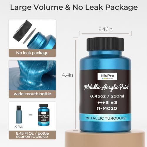 Nicpro Metallic Turquoise Acrylic Paint, 8.45oz/250ml Blue Craft Paint | Large, Non Toxic, Non Fading for Metal Wood Clay Fabric Canvas, Ceramic, Furniture, Handcrafts - color: Metallic Turquoise, size: 8.45 Fl Oz (Pack of 1)