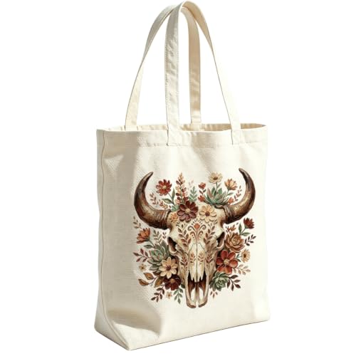 VICBOU Western Cow Skull Canvas Tote Bag for Women Girls, Cowgirl Shoulder Bag with Pocket for Beach Shopping Work - color: Bullskull01