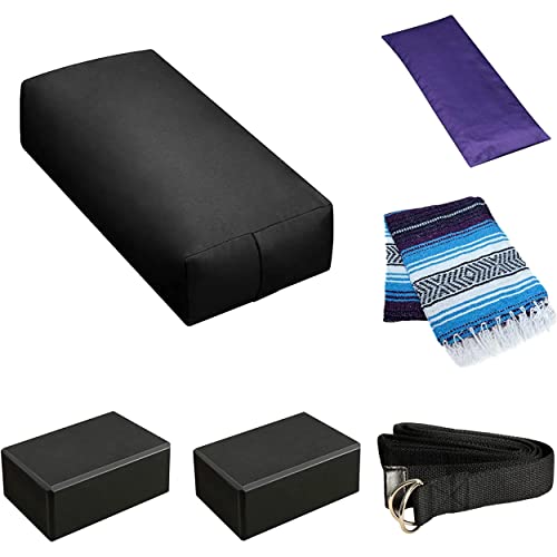 6 Piece Restorative Yoga Kit | Includes 1 Yoga Bolster (24"x12"x6"), 2 Blocks (4"x6"x 9"), 1 6ft D-Ring Strap, 1 Mexican Blanket, 1 Unscented Eye Pillow - color: Black