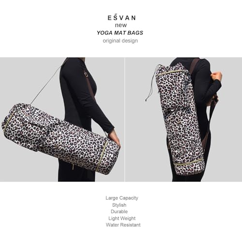 ESVAN Yoga Mat Bag with Multi Pockets Drawstring Yoga Mat Carrier Pilates Exercise Multi-Functional Storage Bag - color: Canvas Leopard Print