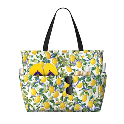 Large Beach Bag for Women Waterproof Foldable Travel Shoulder Tote Bag with Pocket for Weekender Pool Vacation - color: Lemon White