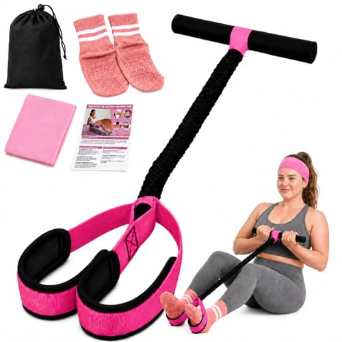 Sit Up Pedal Resistance Band, Upgraded Stitched Core Workout Equipment, 3-in-1 Anti-Snap Pull Rope Stretching Kit with Non-Slip Yoga Socks & Sports Headband - color: A-Pink, size: 55LB