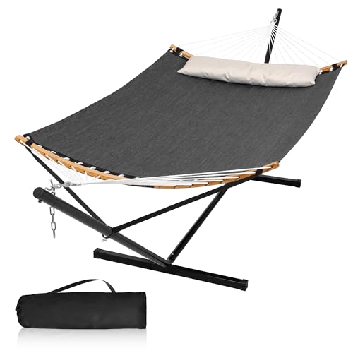 Quick Dry Hammock with 12FT Stand and Carrying Bag, Dark Grey | Double Hammock with Hammock Steel Stand for Indoor, Outside, Garden, Poolside, 450 Lbs Capacity - color: Zquick Dry-dark Grey