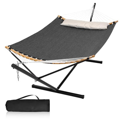 Quick Dry Hammock with 12FT Stand and Carrying Bag, Dark Grey | Double Hammock with Hammock Steel Stand for Indoor, Outside, Garden, Poolside, 450 Lbs Capacity - color: Zquick Dry-dark Grey