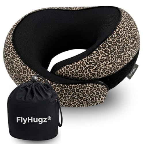 FlyHugz® Neck Travel Pillow Memory Foam Neck Pillow for Comfort on Airplane Compact and Ergonomic Design for Travel, Car Rides, and Home Use Ideal for Adults and Kids. (Leopard Print) - color: Leopard Print