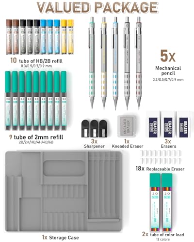 Nicpro 36PCS Mechanical Pencil Set, Art Drawing Pencils 0.3-2mm in Case | Mechanical Pencils Bulk, 0.3 0.5 0.7 0.9 2mm Drafting Pencils, Metal Barrel, 326PCS Lead Refills, for Sketching, Writing - style: 5 PACK