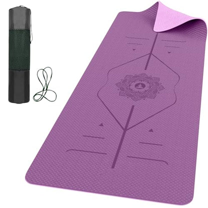 ROMIX Pro Yoga Mat With Alignment Lines, 6Mm Thick Non-Slip Exercise Mat | 72 x 24 In TPE Large Pilates Mat For Home Workout, Stretching, Training, Meditation, Carry Bag Included For Women And Men - color: Purple