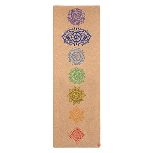 Shakti Warrior Cork Yoga Mat, Non Slip, 72 x 24 Inch, 3mm Thick | Artist-designed premium eco-friendly cork yoga mat with a non-slip, non-toxic surface for regular yoga, hot yoga and Pilates. - color: Chakra