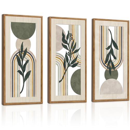 HPNIUB 3 PCS Minimalist Sage Green Wall Decor, Boho Geometric Line Hanging Wood Sign for Living Room, 8x16Inch Modern Bohemian Botanical Leaf Wooden Plaque for Apartment Bedroom Office Decoration - color: Sage Green Wooden Wall Art