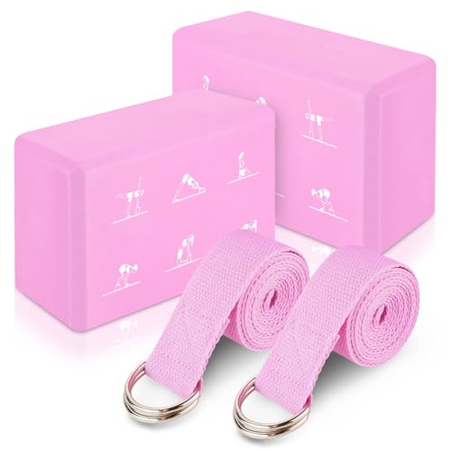 RETON 2 Pack Yoga Blocks and 2 Yoga Straps Set, Soft Non-Slip Yoga Block for Pilates, High Density EVA Foam Yoga Brick with Yoga Strap for General Fitness, Stretching, Improve Strength and Flexibility - color: Pink