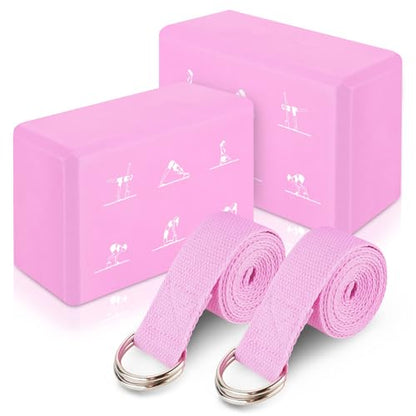 RETON 2 Pack Yoga Blocks and 2 Yoga Straps Set, Soft Non-Slip Yoga Block for Pilates, High Density EVA Foam Yoga Brick with Yoga Strap for General Fitness, Stretching, Improve Strength and Flexibility - color: Pink