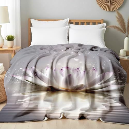 Lotus Flower on Water Print Blanket White Floral Throw Blanket Zen Flannel Throw for Couch Bed Office Yoga Room Meditation Spa Decor Gifts (49"x59") - color: Gray, size: 49"x59"