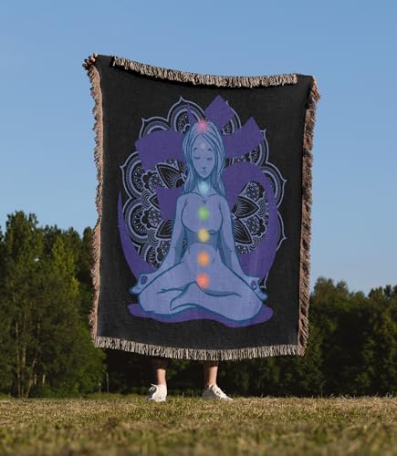 3dRose Blue and Purple Mandala with Yoga Person Woven Blanket