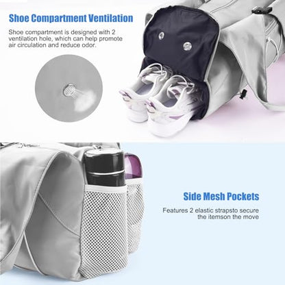 Forestfish Gym Bag For Women With Yoga Mat Holder, Grey | Shoe Compartment, Wet Dry Storage Pocket, Removable Shoulder Strap, Lightweight & Water Resistant - color: Grey
