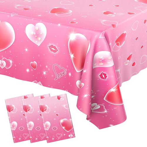 3 Pcs Valentines Day Tablecloth - Pink Heart Love Valentine Table Cloth Disposable, Plastic Rectangle Valentine's Table Cover for Valentine Day Wedding Anniversary Party Supply Tables Decor,108"x54" - color: Valentines