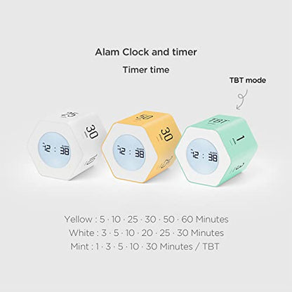 mooas Multi-Hexagon Clock Timer, Cube, Backlight, Countup/Down (White) | 6 Preset Times, Productivity Timer, 12/24H Clock, Battery Operated, Sound/Mute, Easy to Use, Exercise, Study, Cooking, Work - color: White, Mint, Yellow