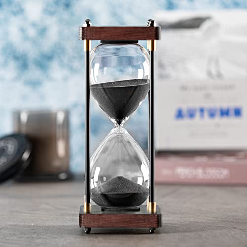 SAMLONG Large Hourglass Timer 60 Minute, Decorative Wood Sand Timer, Black | 1 Hour Metal Sand Clock, Modern Office Home Décor - color: Black Sand