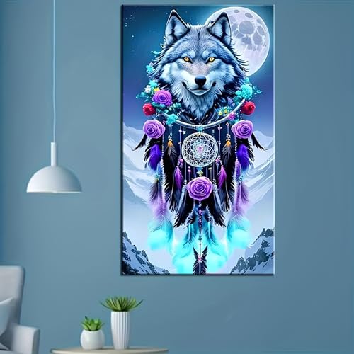KUFWKEY Dreamcatcher Diamond Art,Wolf Diamond Art Kits for Adults, Full Round Drill Diamond Painting Kits,Animal Diamond Mosaic Art for Adults,Home Decor,Large Size,16x28 inch - color: 32532