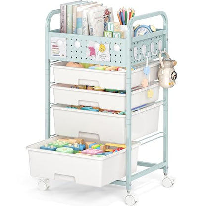 SYKIARIOL Drawer Rolling Storage Cart with Pegboard Top and Hooks, Green, 4-Drawers - color: Green, size: 4-Drawers