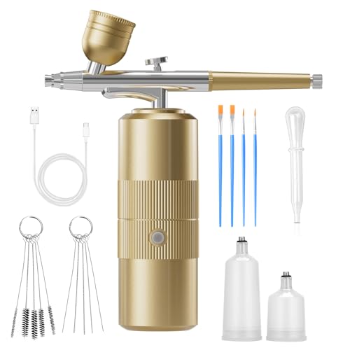Airbrush Kit with Compressor Portable Airbrush Kit 48PSI High-Pressure Non-Clogging Air Brush Set Cordless Rechargeable with 0.3mm Nozzle and Cleaning Brush for Painting,Nail Art, Makeup (Gold) - color: Gold