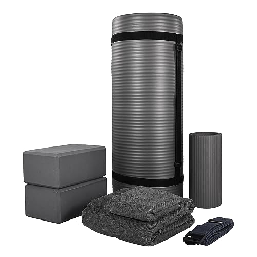 BalanceFrom 7-Piece Yoga Set with 71x24x1 Inches Extra Thick Mat and Carrying Sling – Includes 2 Blocks, Stretch Strap, 2 Towels, and Knee Pad for Home, Studio, and Gym Workouts - color: Gray