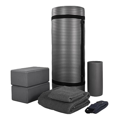 BalanceFrom 7-Piece Yoga Set with 71x24x1 Inches Extra Thick Mat and Carrying Sling – Includes 2 Blocks, Stretch Strap, 2 Towels, and Knee Pad for Home, Studio, and Gym Workouts - color: Gray