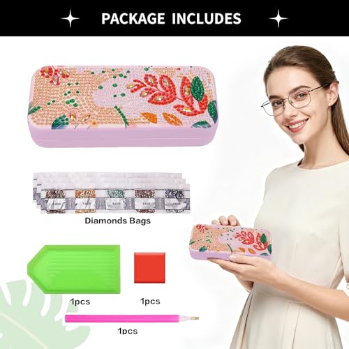 FlyingMage 5D Diamond Art Painting Kit for Adults Beginner, Small DIY Diamond Dots Gem Art Painting Mosaic Kits, Cute Hard Shell Sunglasses Eyeglasses Glasses Case for Women Teen, Boho Leaf - color: Pink Leaf