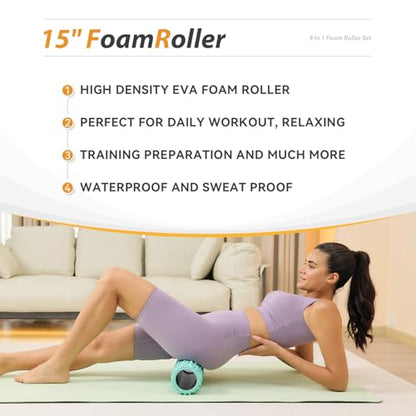 5 in1 Foam Roller Set High Density 15" Foam Roller for Muscle Recovery | Deep Tissue Muscle Massage Foam Roller for Exercise, Massage Roller, Massage Ball, Stretching Strap, for Whole Body Aqua - color: Pure Turquoise