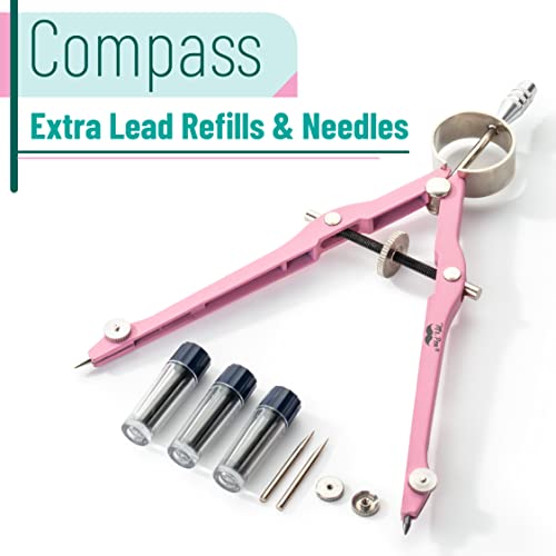 Mr. Pen- Professional Compass for Geometry, Extra Lead | Metal Compass Drawing Tool for Students, Drafting and Engineering, Technical Drawings, Circles and Geometry Projects - color: Pink