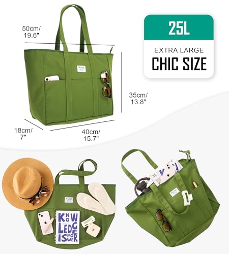 Bagelite Extra Large Canvas Tote for Women Men, Utility Work Bag with Zipper - color: Green
