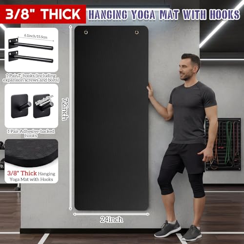 Briwooody Yoga Mat Wall Mount with Holes - color: Black, size: 72"x24"x2/5''