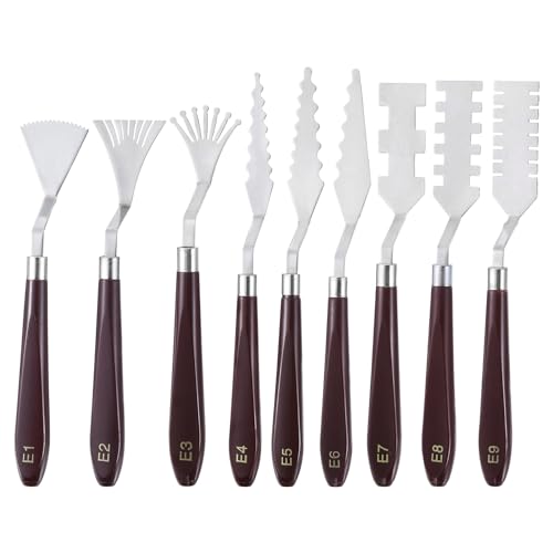 HARFINGTON 9pcs E1-E9 Painting Palette Knife Set Stainless Steel Art Spatula Painting Pallet Knives Scrapers Tools with Plastic Handle for Acrylic Oil Canvas Mixing Spreading