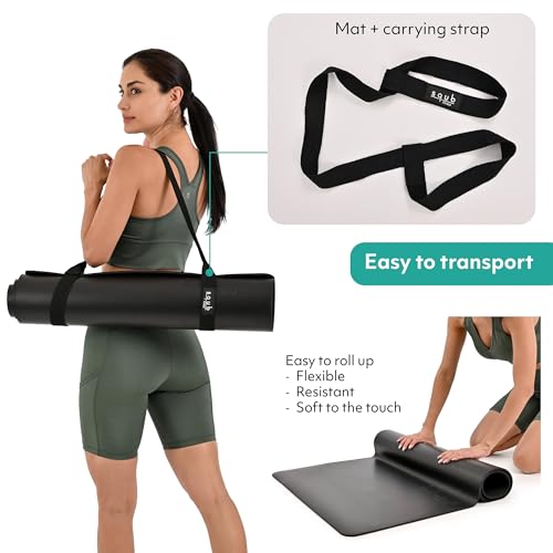 Yoga Mat 5mm Thick – Non Slip Exercise Workout Pad, PU Natural Rubber Grip, Extra Large 183x68 cm, Pilates Fitness Training, Includes Strap & Carry Bag - color: Arch Black